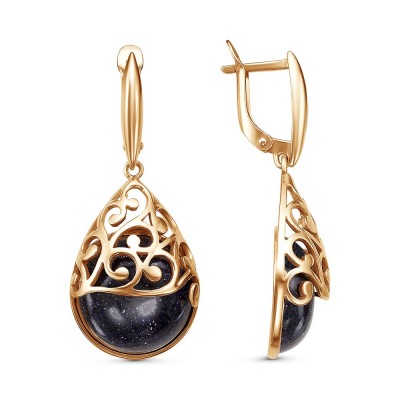 Серьги позолоченные с искусственным авантюрином, 3,8 см (f566)