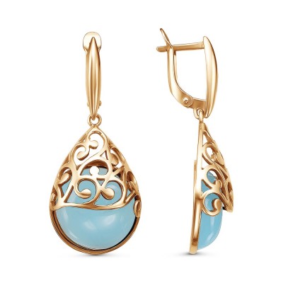 Серьги позолоченные с искусственным халцедоном, 4 см (f599)